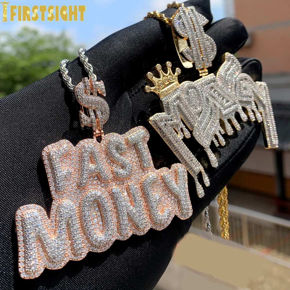 Iced Out Bling Crown Letters Money Pendant Necklace Two Tone Color CZ Zircon Dollar Symbol Necklaces Mens Hip Hop Jewelry 250320