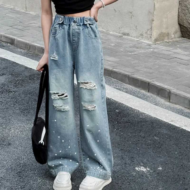 Girls jeans 2024 spring/summer childrens new Korean version perforated hot diamond denim wide leg pants fashionable and queer childrens pantsT2502320