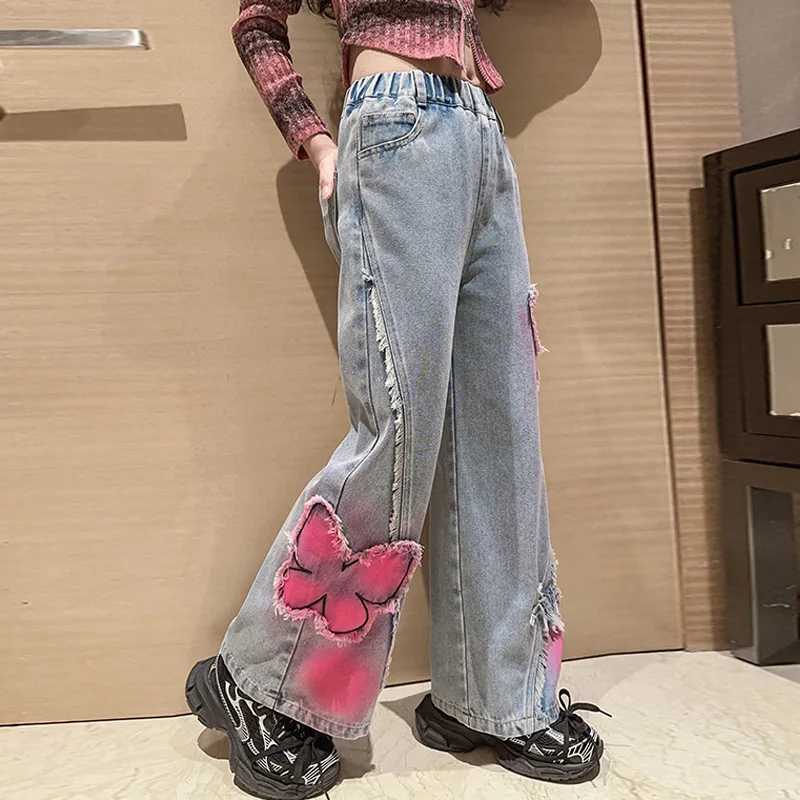 2024 Big Hot Deals Girls Fashion Spray Painting Butterfly Denim Wide Leg Pants High Waist Korean Style Long Jeans Teen TrousersT250326