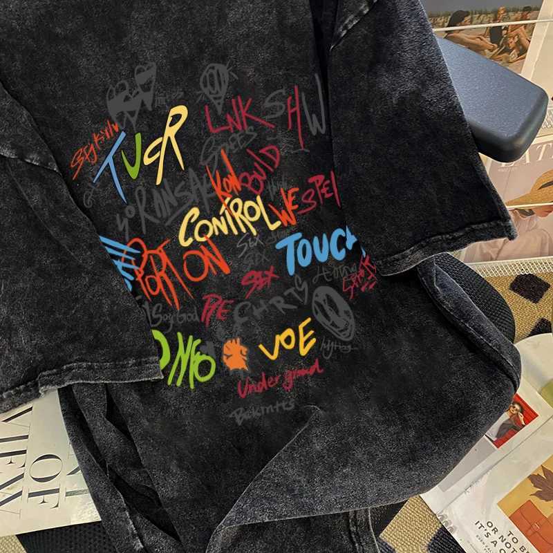 American style retro color letter printed womens T-shirt 2024 new summer trend washed black top Harajuku handsome street T-shirtT250320