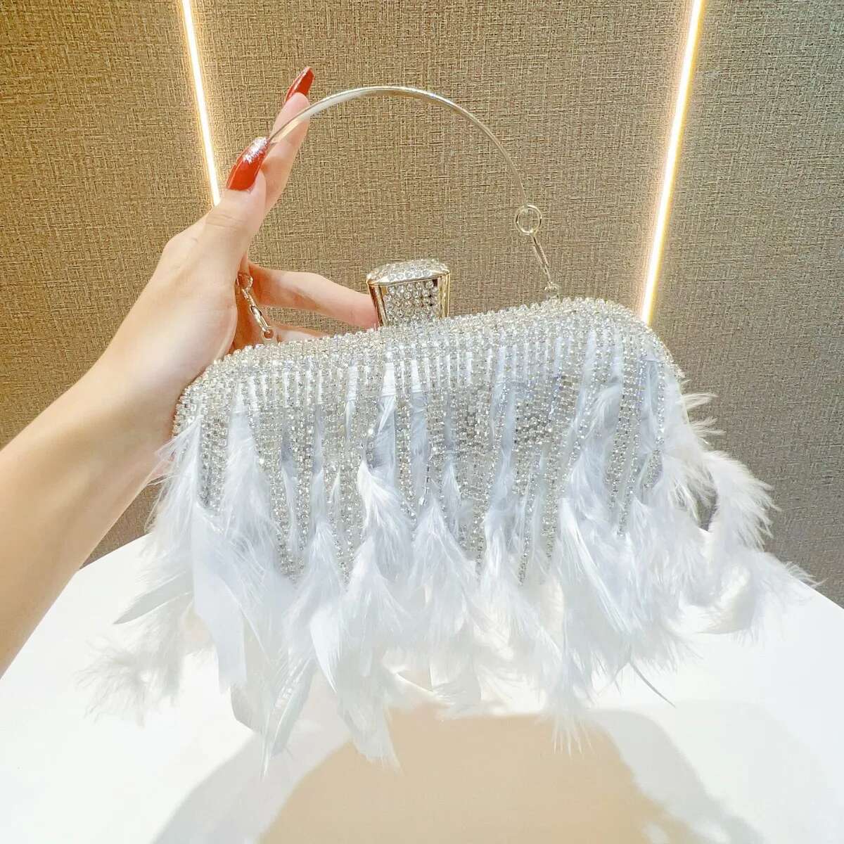 Ostrich Hair Veet Crystal Rhie Dia Evening Women Handbag Wedding Party Clutch Purse Crossbody Bag Ins