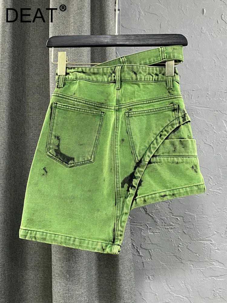 DEAT Fashion Womens Personalized Double Waist Design Green A-line Denim Skirt Asymmetric Hot Girl Short Skirts Spring 17A1759XJ250320