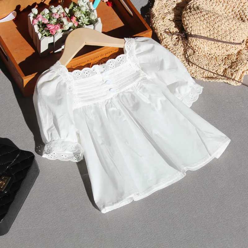 Summer white big girl cotton lace short sleeved top childrens square neckline solid color T-shirt 6 8 10 14 15 yearsT250320