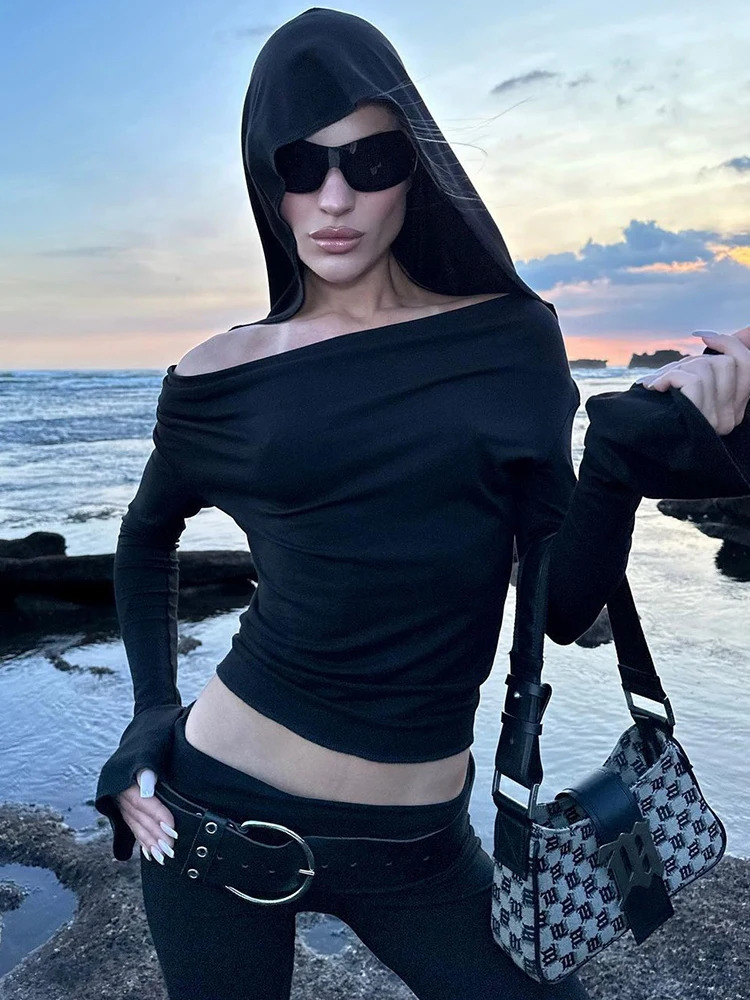 IAMSURE Elegant Fashion Gothic Solid Hooded Cropped T Shirt Dark Slim Slash Neck Long Sleeve Tees Women Summer Streetwear 250320