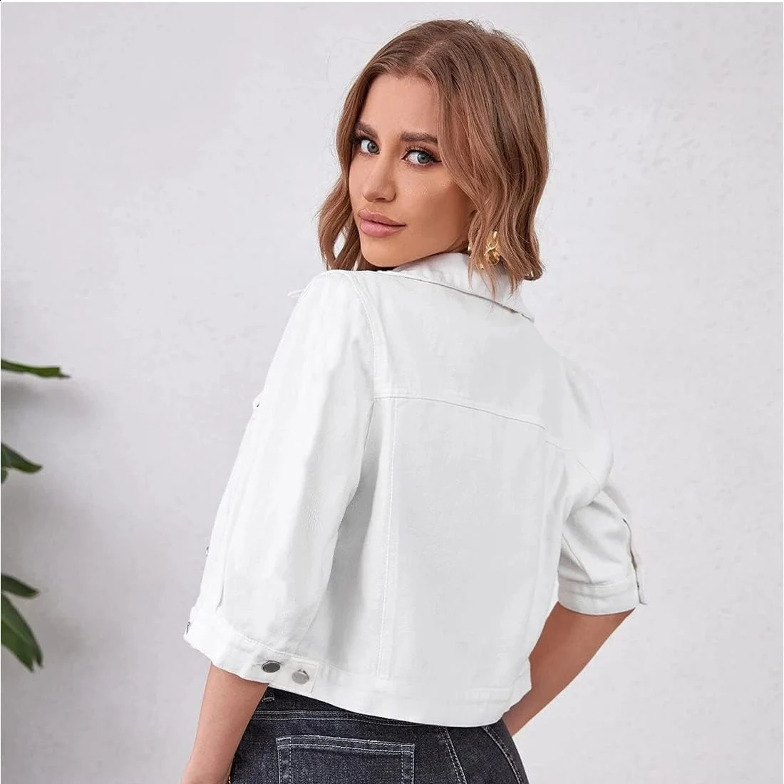 Spring and autumn womens short denim jacket fashionable casual yellow white long sleeved with button down chest pocket 250319Z