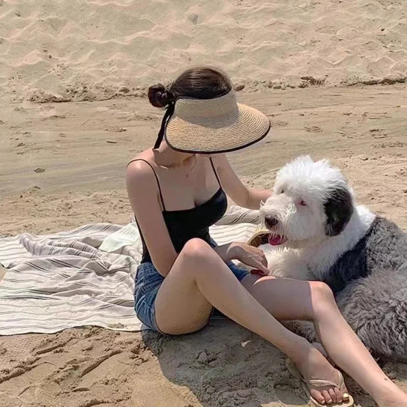 Korean Style Large Edge Empty Top Wine Rafia Straw Hat Womens Bow Summer Outdoor Anti-UV Sports Beach Sun Hat Wholesale 250320