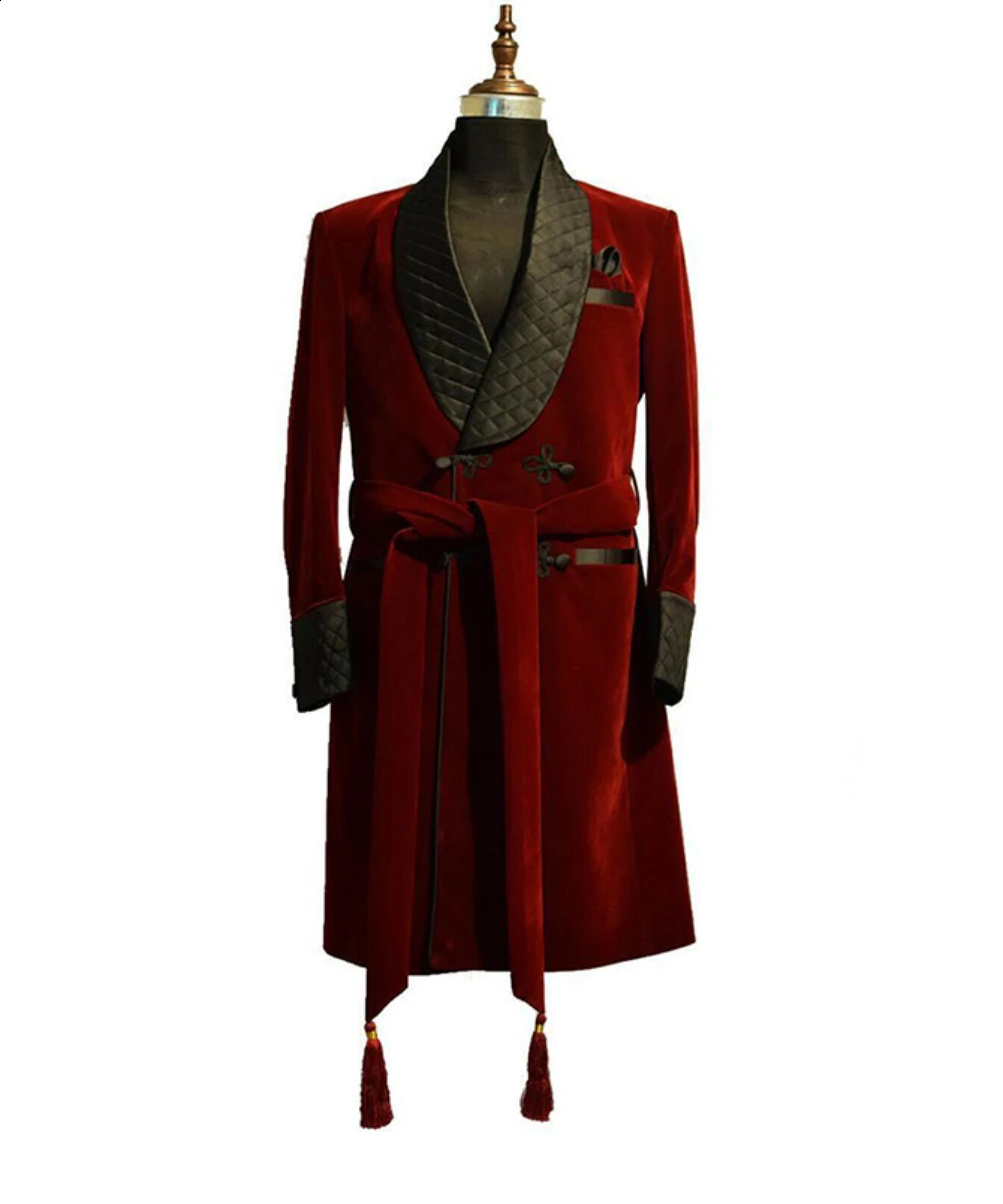 Burgundy Velvet Mens Long Jacket Black Shawl Lapel Double Breasted Smoking Coat Male Casual Clothing Blazer 250311