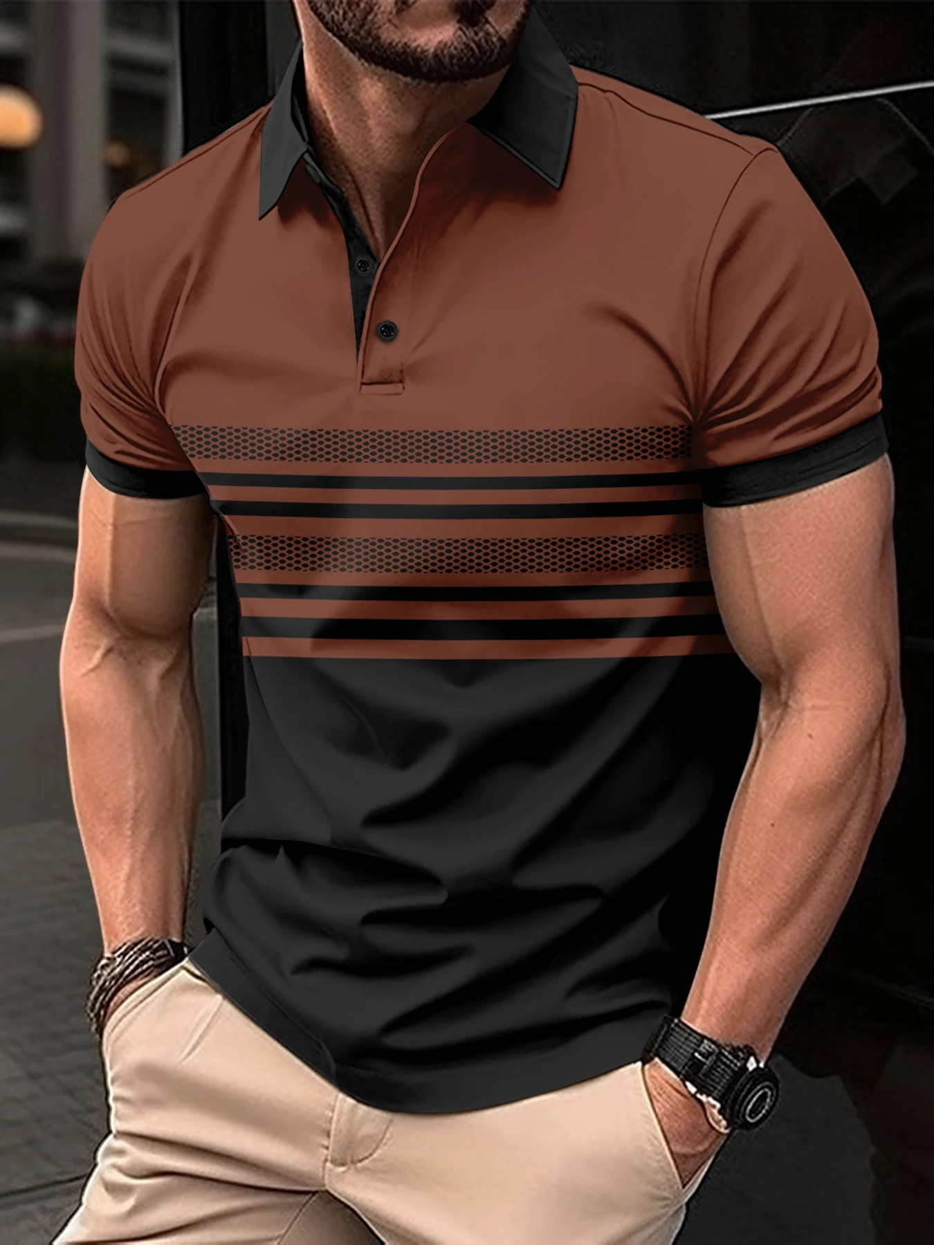 Mens Summer Short-Sleeved Polo Shirt Classic Striped Printed Polo Shirt Casual High Street Mens T-Shirt 250319
