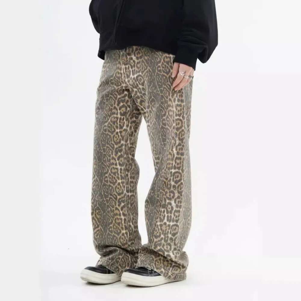 Designer Jeans Retro Fashion Street Y2k Men's And Women's Leopard Print Jeans High Street Loose Straight Trendy Brand Wide Leg Pants Men