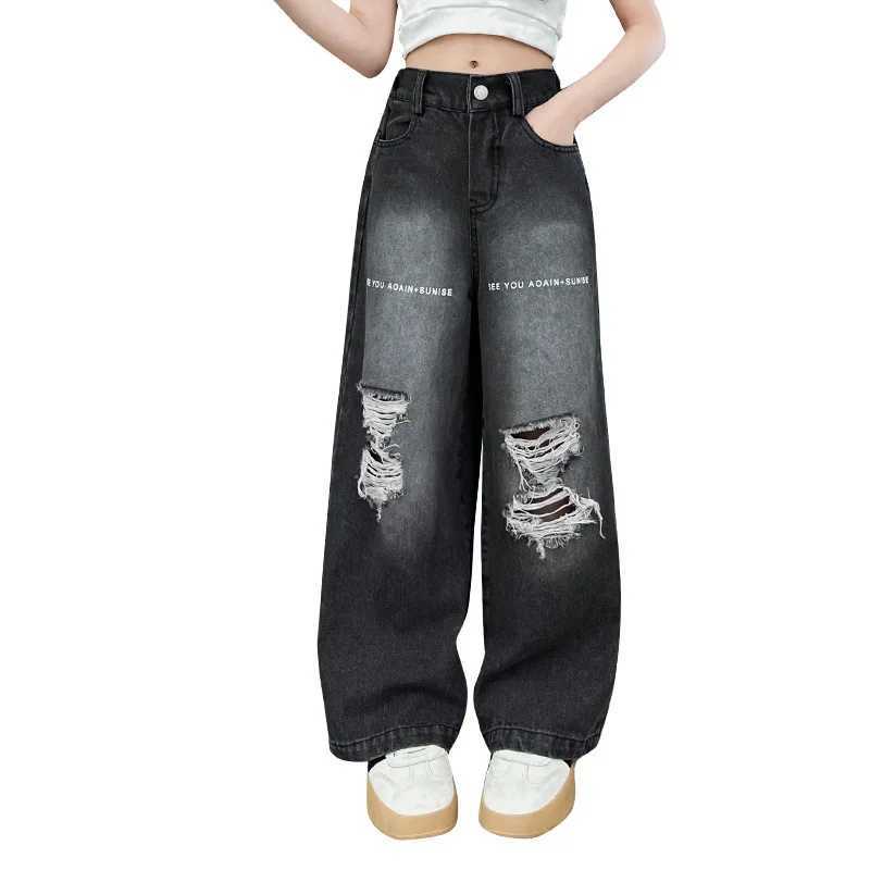 2024 Autumn Fashion Loose Straight Pants for Girls Hole Wide Leg Jeans for Teenagers 100 Casual Streetwear Simple Childrens Trojan HorseT250326