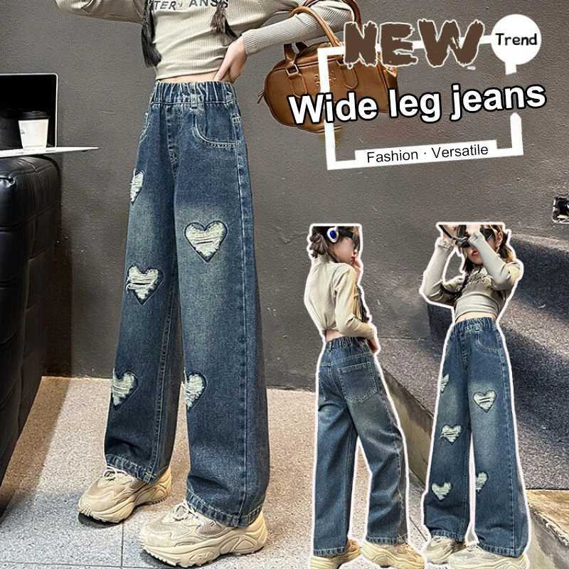 Teenage Girls Black Jeans 2024 Trendy Street Hole Shattered Tear Heart Straight Narrow Loose Wide Leg Pants Teenage Teen TrouserT250326