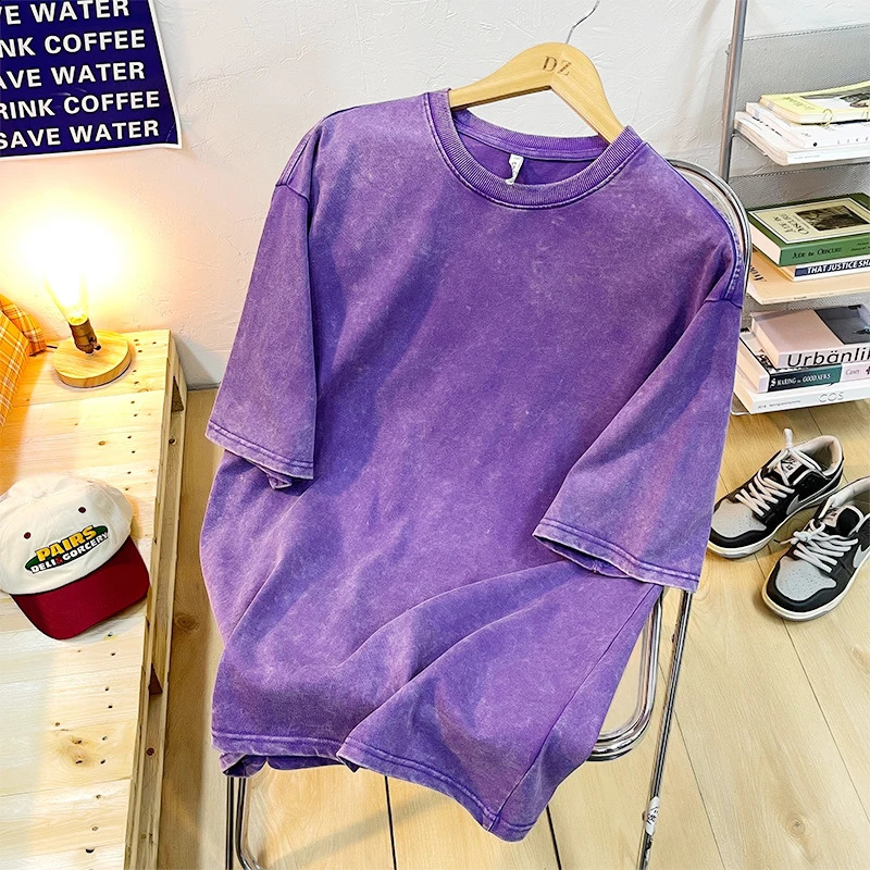 Vintage Snowflake Point Solid Color T-Shirts For Men Women 100% Cotton Short Sleeve Wash With Old Water Street Hip Hop Tee Shirt 250317