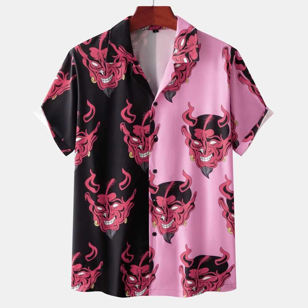 Hawaiian mens Cuban collar devil print mens street clothing summer new short sleeved top mens trendy clothing M250320