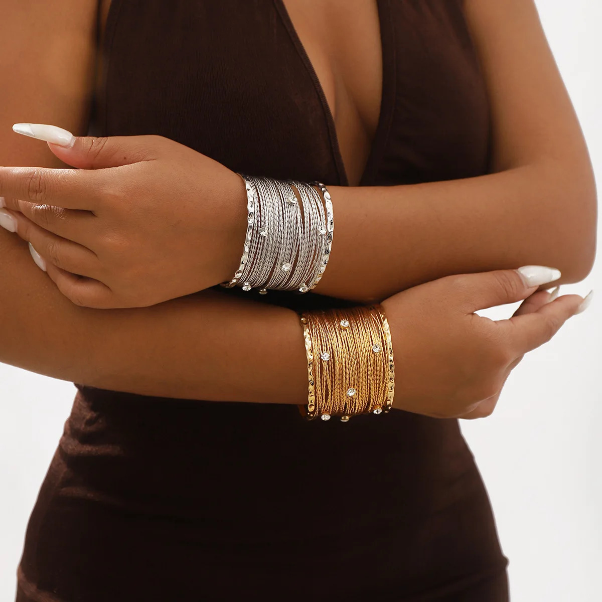 Vintage Multilayer Metal Wires Open Cuff Bangles for Women Exaggerated Punk Rhinestone Arm Bracelet Grunge Jewelry Steampunk 250320