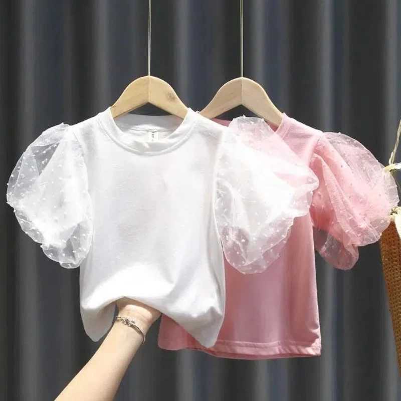 Summer cotton girls T-shirt lace short sleeved girls T-shirt solid color simple childrens clothing T-shirtT250320