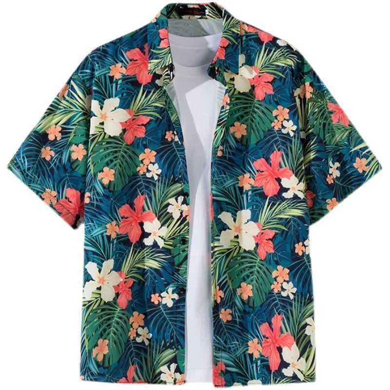 Mens street fashion summer daily shirt Hawaiian cartoon print casual loose shirt short sleeved beach loose top M250318