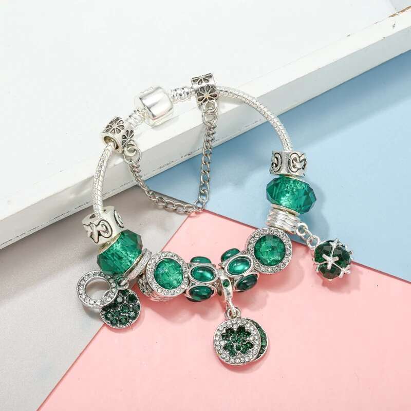Original Charm Bracelet For Women Green Crystal Glass Beads Pendant DIY Snake Chain Bijoux Pulseras Jewelry Gift Dropshipping
