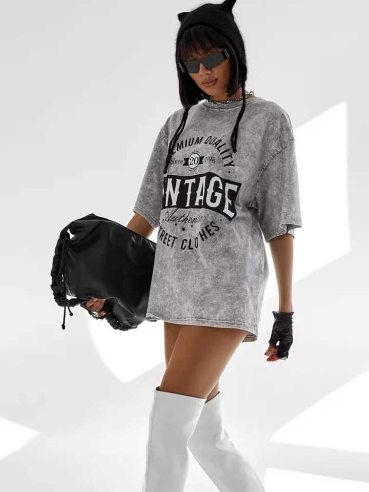 Oversized INS short sleeved washed retro T-shirt loose streetwear Distressed Bf Harajuku T-shirt Weomen printed half sleeveT250320