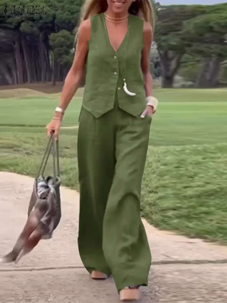 2025 ZANZEA Woman Elegant 2-Piece Pant Casual Vest And Pants Old Money Style Suits 2Pcs Outfits Wide Leg Trouser Sets