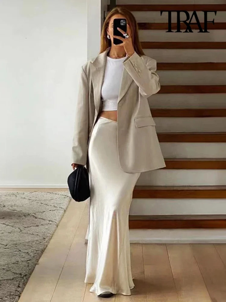 Womens Flowing Satin Midi Skirt High Waist With Elastic Waistband Female Skirts Chic Fashion 250320
