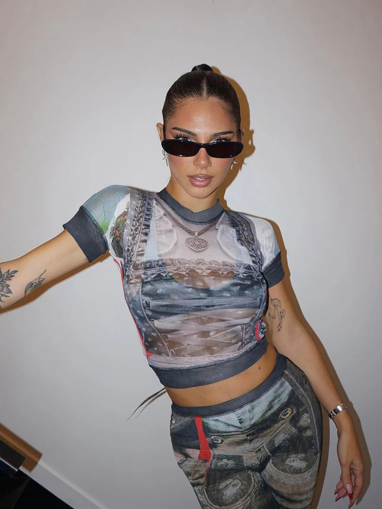 Weird Puss Sexy See Through 2 Piece Set Women Vintage Print Shorts Sleeve Crop TopsFlare Pants Matching Midnight Club Outfit 250320