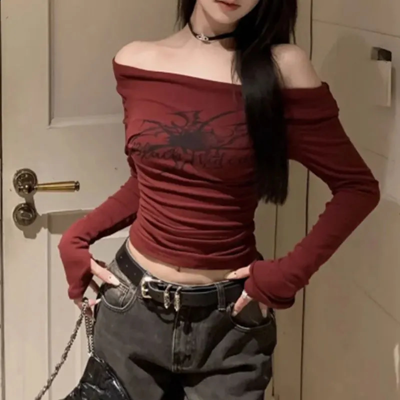 Womens Y2K Gothic Grunge T Shirts Off Shoulder 2023 Autumn Streetwear Fairycore Hip Hop Tops Punk Casual Tees Female Clothes 250311