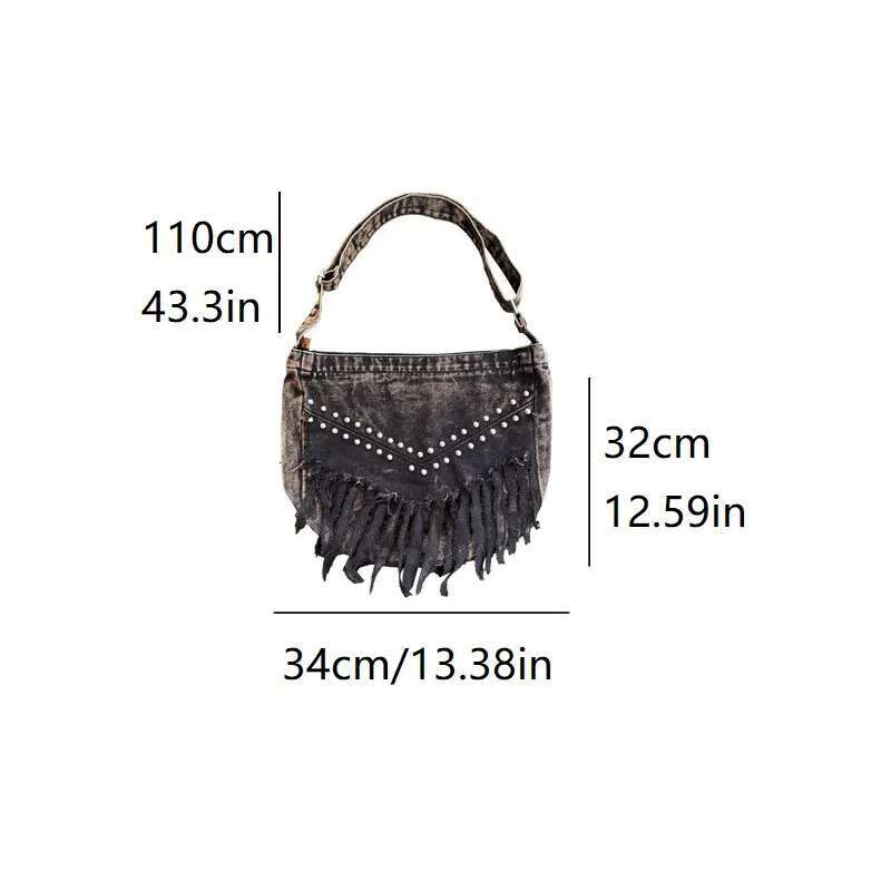 Denim Y2k Rivets Womens Shoulder Fashion Tassels Female Messenger Crossbody Bag Large Capacity Ladies Handbag Sac Totes