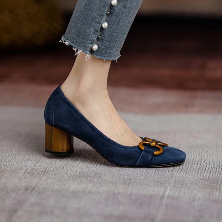 Women's blue square-toe shallow-mouth single shoes new style for spring Women's French high heels with frosted metal thick heels