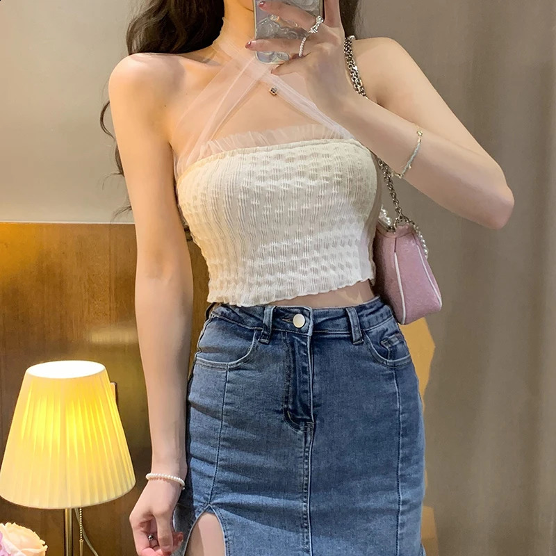 1Pc summer sexy strapless vest womens bow lace patch work sleeve ultrathin knitted top 250319