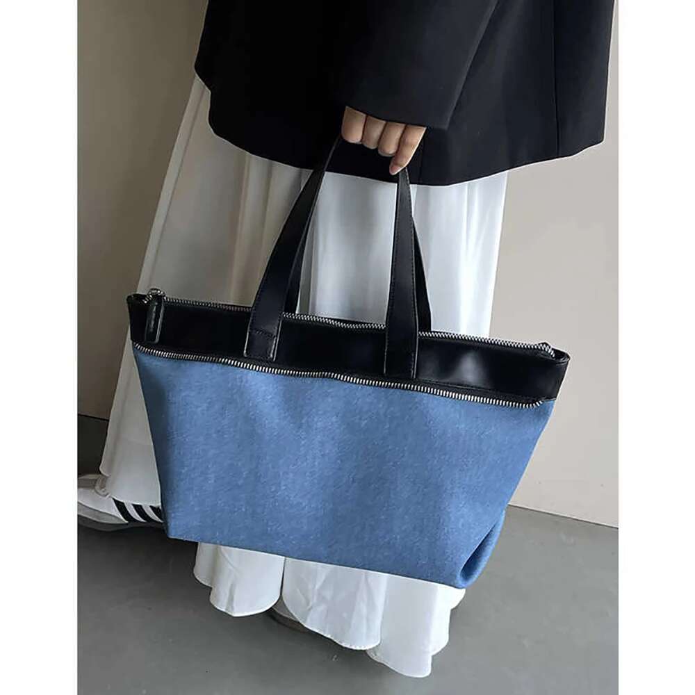 Women Large Capacity Shoulder Bags 2025 Casual Contrast Denim Blue Totes Bag Lady Versatile Commuting Daily Pack Hand-Held Tote