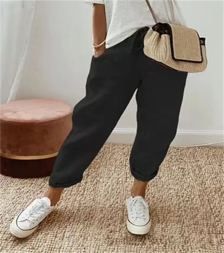 Womens Cotton Linen Pants Spring Summer Solid Elastic High Wasit Pockets Nine Points trouser Ladies Loose-fitting Lace Up Pants 250320