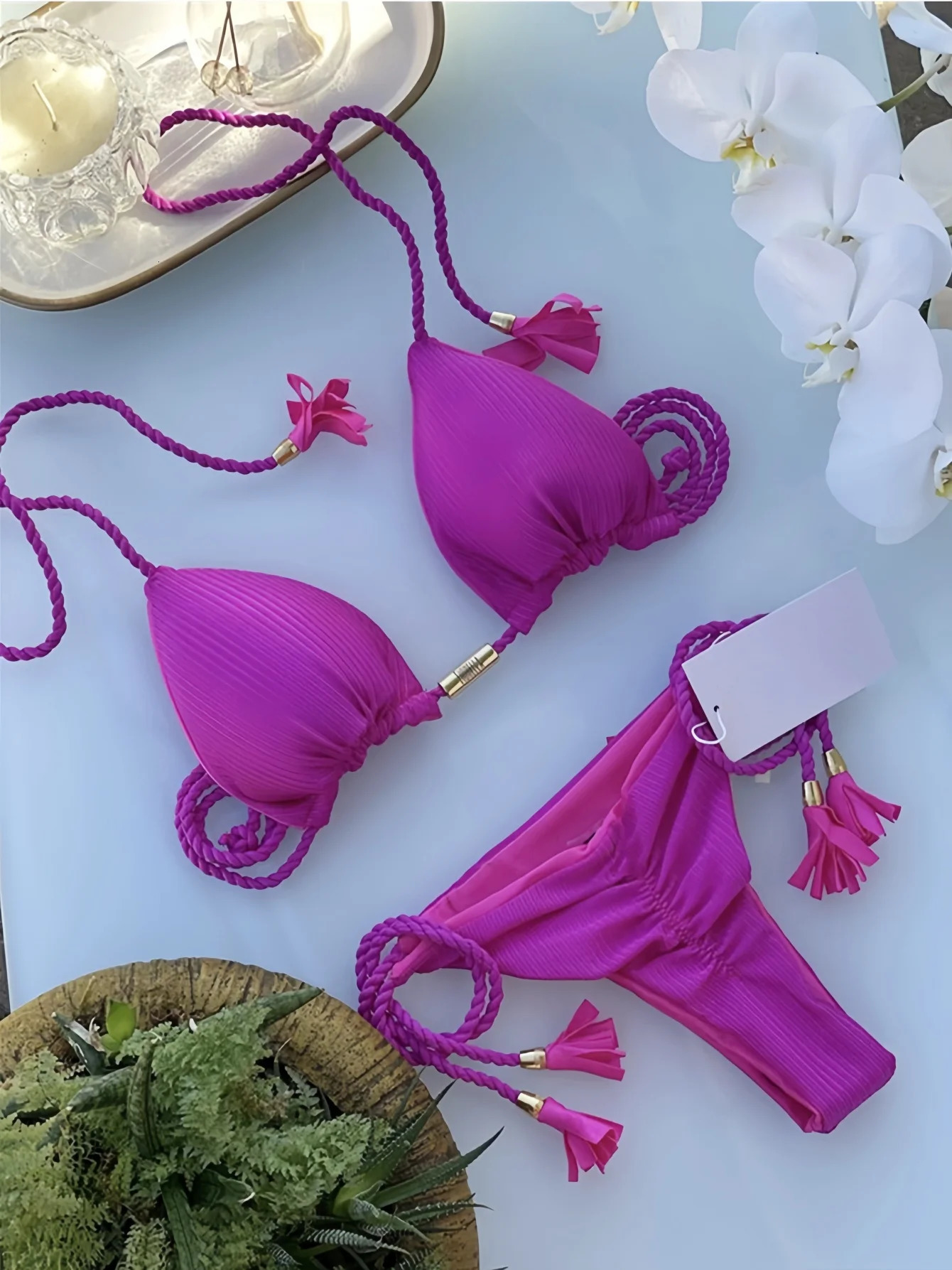 Sexy Braiding rope Bandage Solid Bikini Set Women Swimsuit Pit strip fabric Triangle Swimwear Bathing Suit Brazilian Biquinis 250320