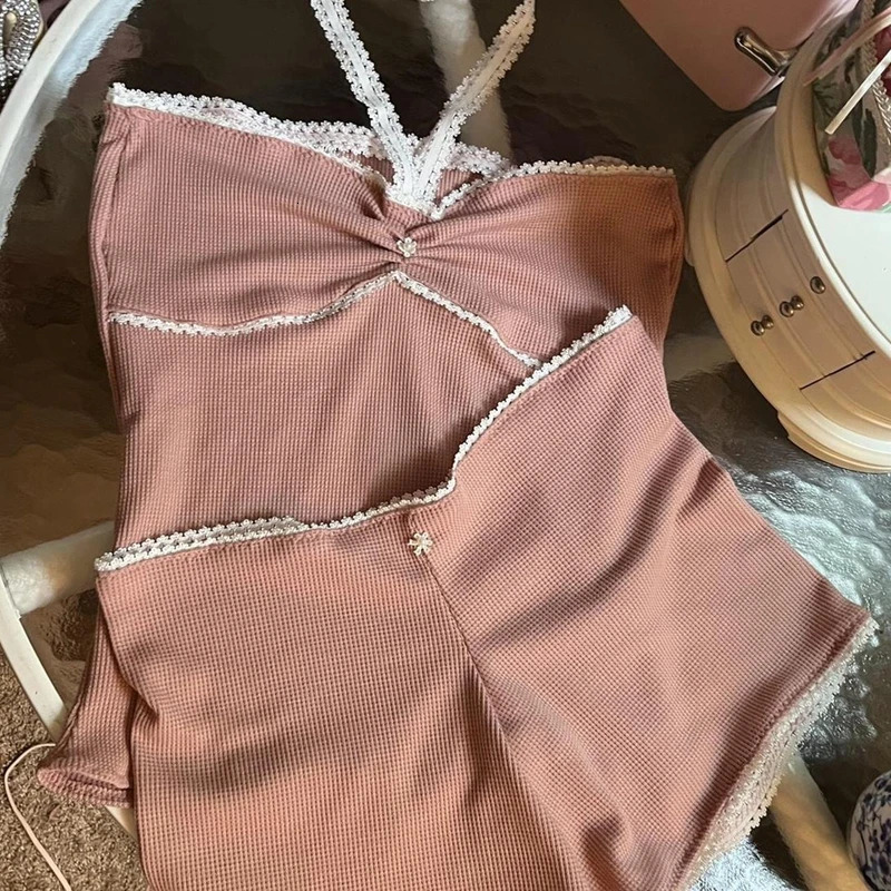 Fairy Grunge Lace Trim Strapless Tube Top Shorts 90s Vintage Chic Women 2 Piece Set Outfits Chest Wrap Backless Crop Camis 250320