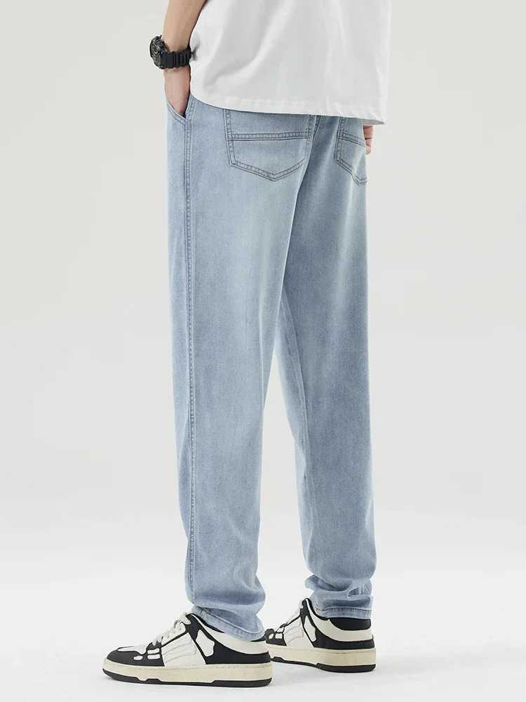 Thin and straight Lyocell mens summer new soft breathable elastic casual and fashionable Korean gray blue denim mens TrouserT250319