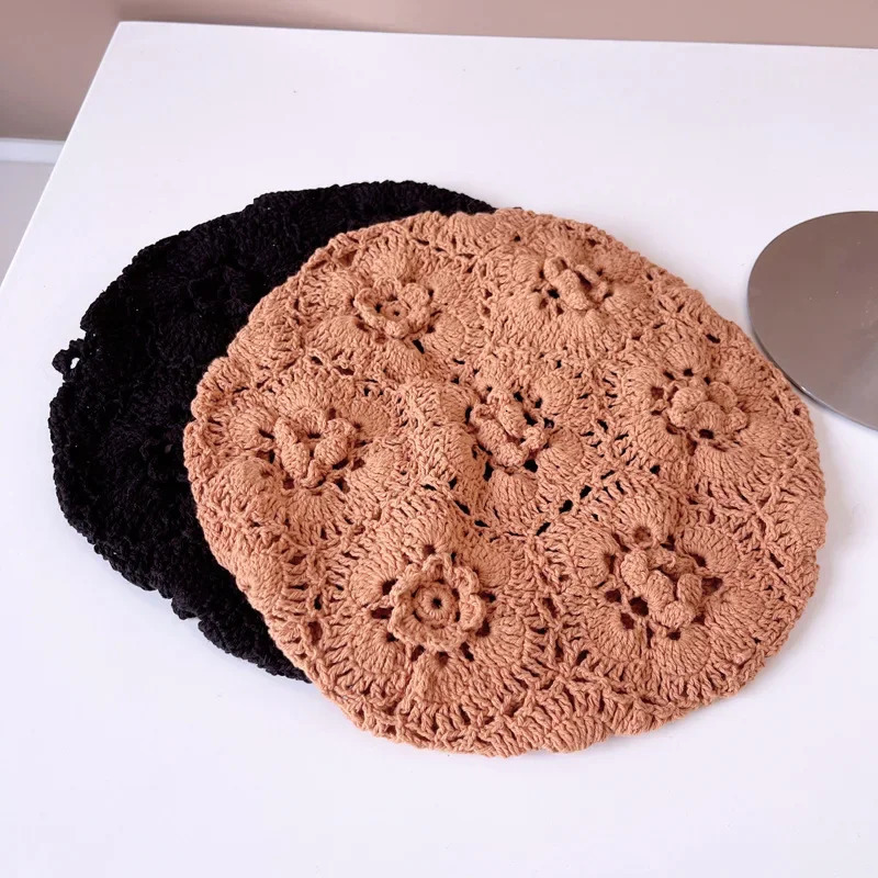 Ancient Hand Crochet Cotton Beret Women Summer Hollow Breathable Knitted Hat 3D Flower Painter Hat 250320