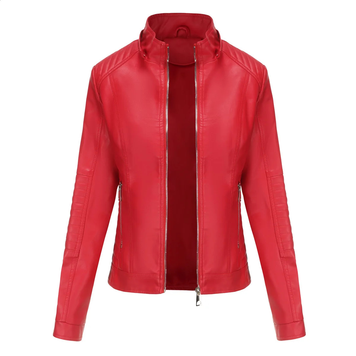 Bright red womens hooded leather jacket hat windproof fashionable casual PU black blue coffee khaki pink XXXL 250319