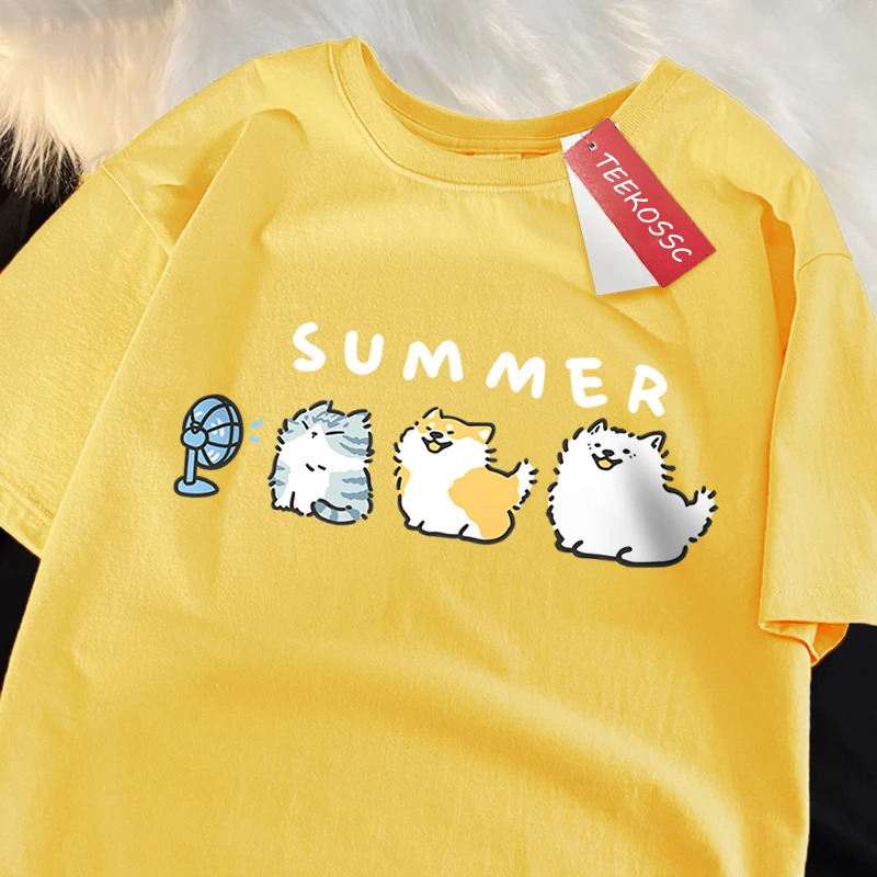 Cats And Dogs Blowing Fans Print T Shirts Men Women Cute Crewneck Clothes Loose Summer TShirts Fashion Cotton Short Sleeve 250320