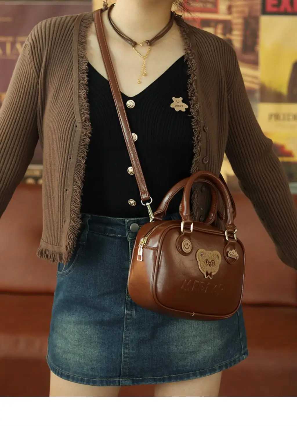 JIAERDI Harajuku Brown Messenger Bag Womens Retro Bear Embroidered Handle Cross Body Bag Womens Retro Cute Handbag Fashion Y250319