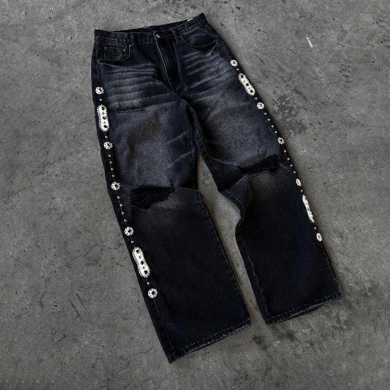 Baggy Embeddished Jeans Y2K high-quality 20 ounce fashionable mens and street womens clothing Harajuku retro high street straight Distressed JeansT250