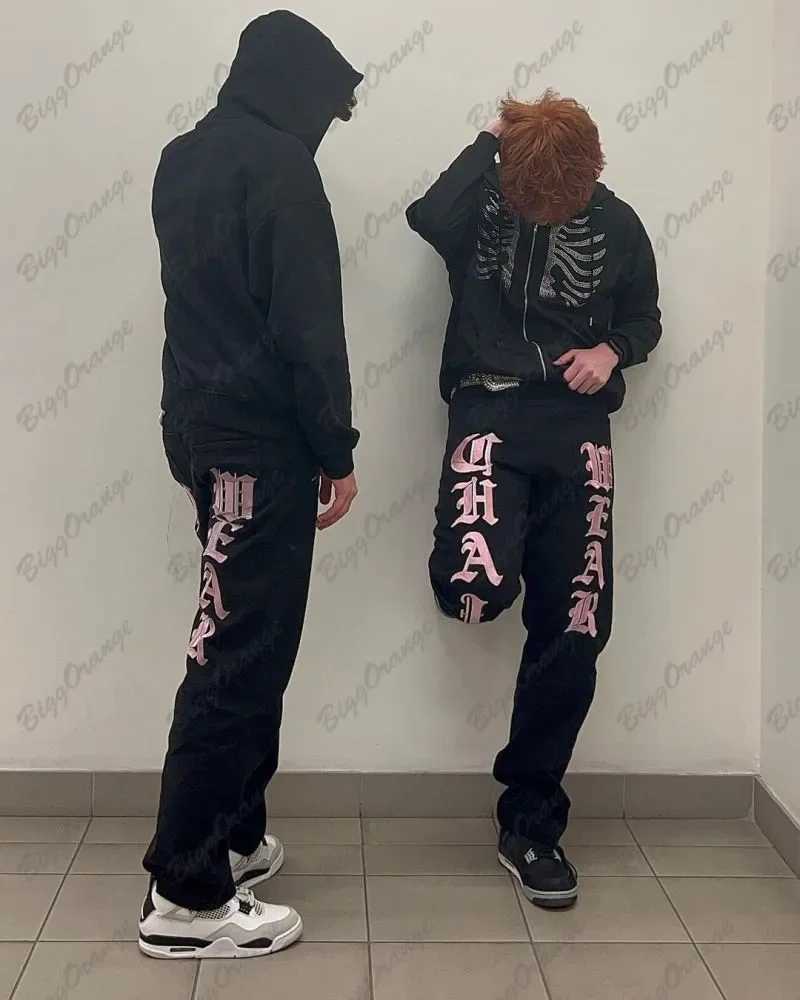 Y2k American Street Pink Letter Pattern Jeans Mens and Womens Loose Straight Wide Leg Folded Fashion Loose Black Jeans AutumnT250319
