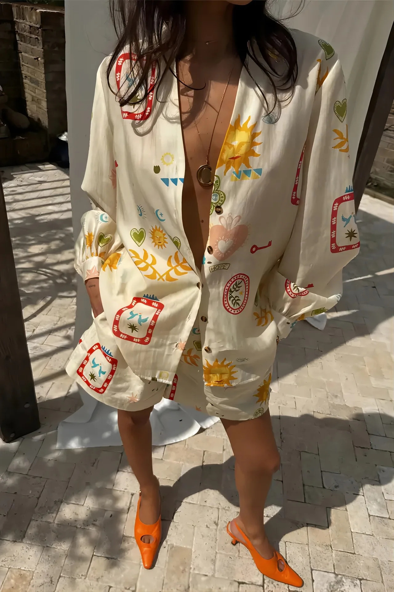 Womens fashion elastic waist two-piece set elegant floral print lapel long sleeved shorts set casual holiday set 250318