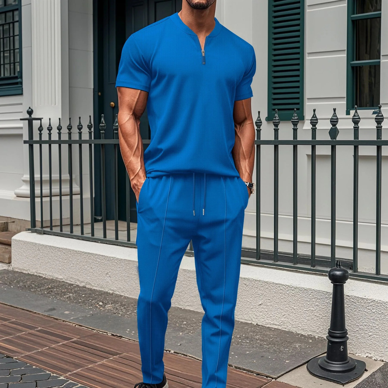 mens Xinhua collar small zipper solid color polo shirt mens T-shirt short sleeved mens two sets 250318