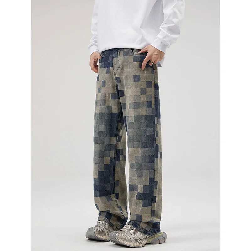 Mens jeans casual bag mosaic blue autumn and winter American style street fashion straight wide leg oversized TrouserT250319