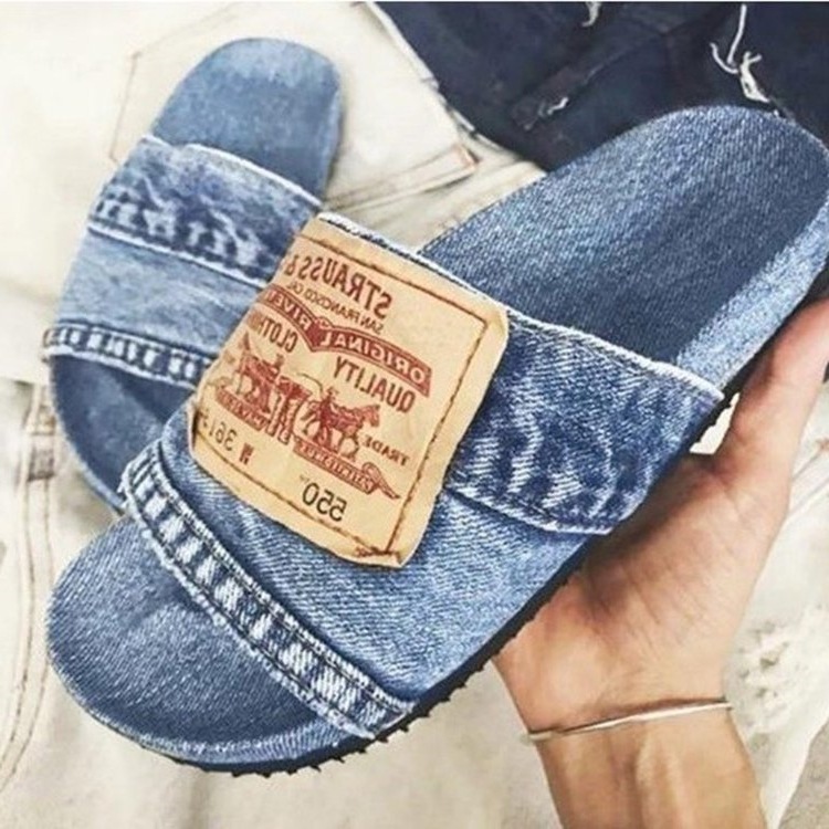 women's sandal pure color leisure denim peep-toe flat low-top slippers for beach