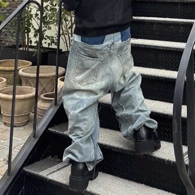 Cut double-layer double waist spliced work bag jeans suitable for men and women straight casual loose denim shortsT250319
