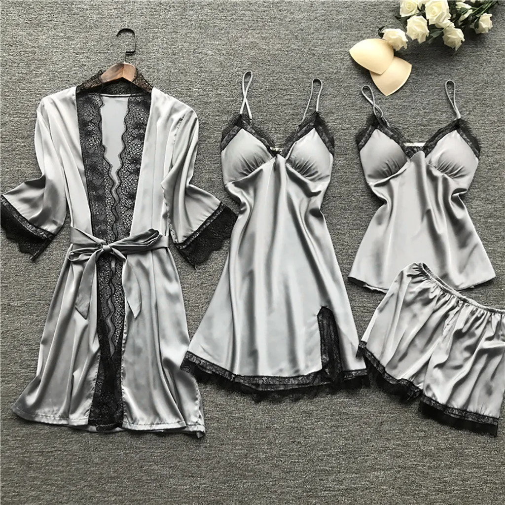 Lace Silk Pajamas Set Nightdress Sexy Lingerie Robe Women Sleepwear 4 Pieces Suits Sleeping Top And Shorts Femme Pijama Mujer Pj 250319