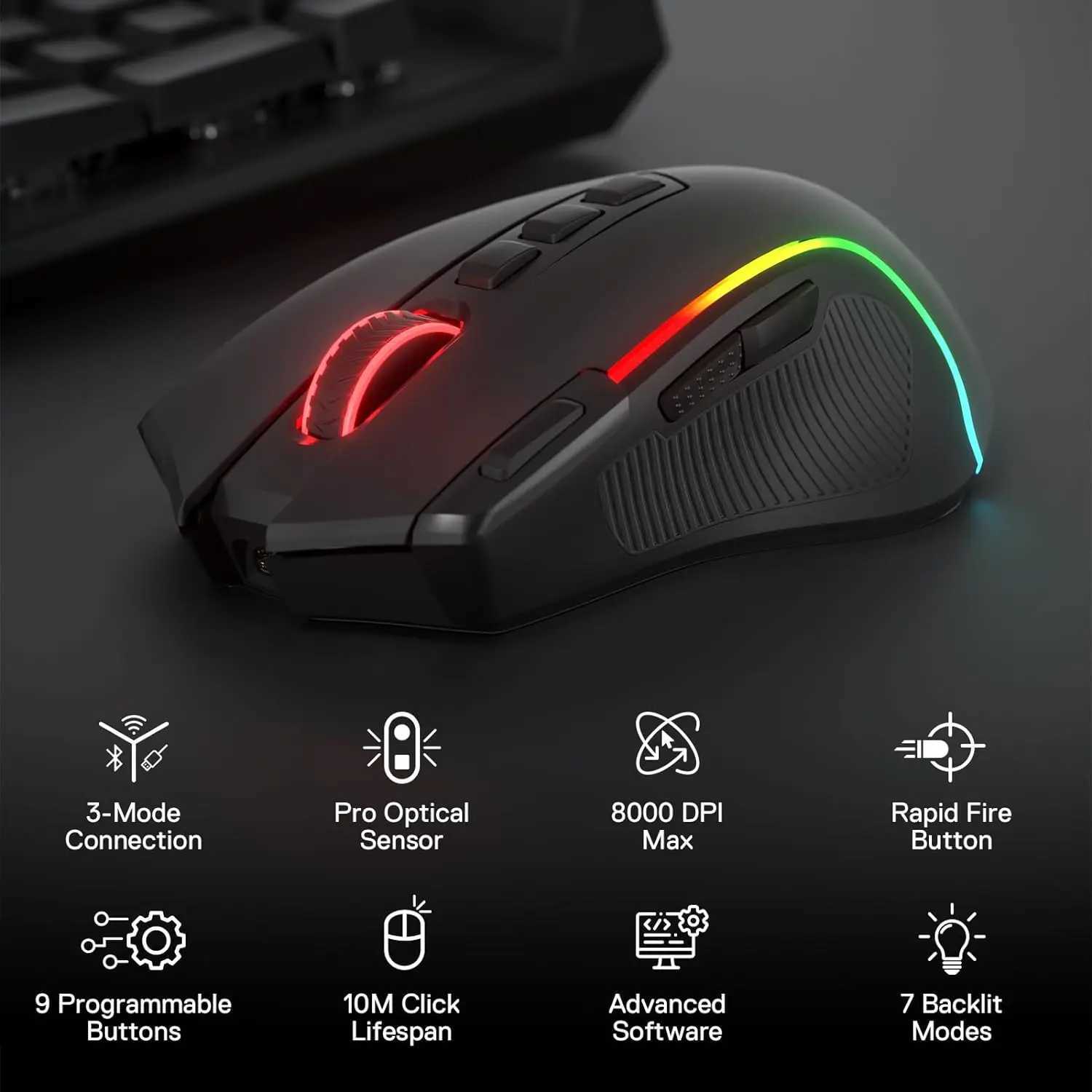 Redragon M612 PRO BT 2.4RGB Gaming Mouse 8000 DPI Wired/Wireless Optical Gamer Mice 11 Programmable Buttons 6 Backlit Modes Z250320