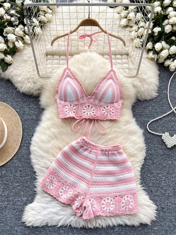 SINGREENY Beach Vacation Knit 2-piece Set Womens Strapless Lace TopElastic Waist Shorts Hook Flower Hollow 2-piece Set 250318