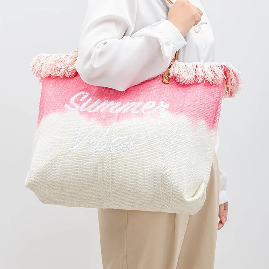 Canvas Tassel Womens Bag Trend Color Contrast Tote Bags Summer Embroidered Letter Straw Beach Bag Casual Bolsas Large Handbags R250320