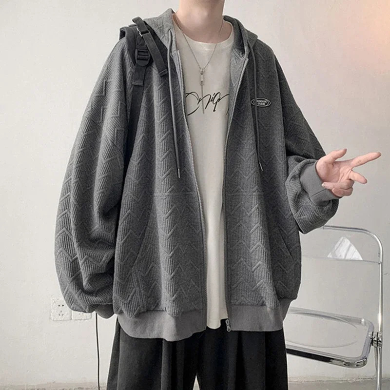 Mens autumn jacquard zipper hooded sweatshirt Korean fashion street cardigan casual oversized Y2K retro jacket 250320Z